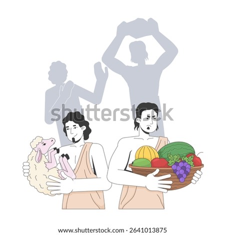 Cain and Abel 2D illustration concept. Bible story. Old testament. Brothers with offerings, first biblical murder silhouette cartoon bible characters isolated on white. Flat abstract vector metaphor