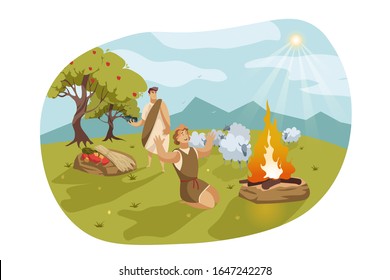 Cain and Abel, Bible concept. Jealous and envious Cain is going to murder Abel. God favored Abels sacrifice instead of Cains. Biblical illustration of fratricide sin in cartoon style. Vector flat