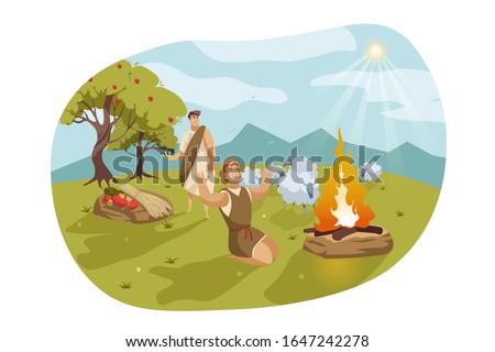 Cain and Abel, Bible concept. Jealous and envious Cain is going to murder Abel. God favored Abels sacrifice instead of Cains. Biblical illustration of fratricide sin in cartoon style. Vector flat