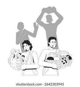 Conceito de ilustração de linha de Cain e Abel. História bíblica. Antigo testamento. Irmãos com oferendas, primeira silhueta de assassinato bíblico esboçam personagens bíblicos 2D isolados. Arte vetorial de metáfora linear de tinta