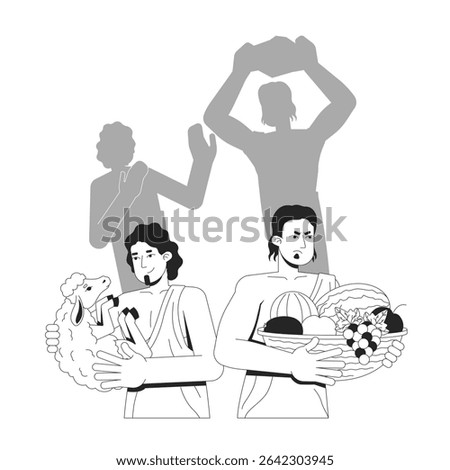 Cain and Abel line illustration concept. Bible story. Old testament. Brothers with offerings, first biblical murder silhouette outline 2D bible characters isolated. Ink linear metaphor vector art