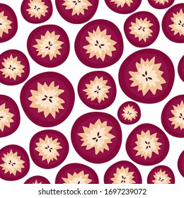 Cainito vector seamless pattern on a white background. Fruit bright pattern in the style of hand drawing.Cartoon  cainito  background. Vector tropical fruit background.  Flat vector stock illustration