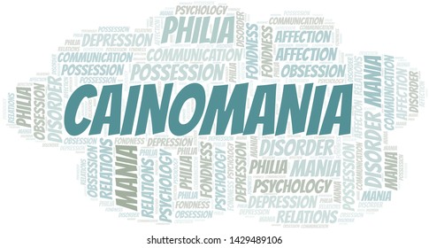 Cainomania word cloud. Type of mania, made with text only.