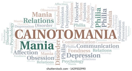 Cainotomania word cloud. Type of mania, made with text only.
