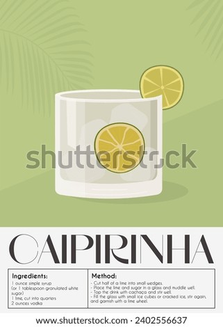 Caipirinha Cocktail garnished with slice of lemon and lime wedges. Classic alcoholic beverage recipe. Summer aperitif poster. Minimalist trendy print with alcoholic drink. Vector flat illustration.