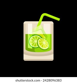 Caipirinha cocktail with ice cubes, lime and straw