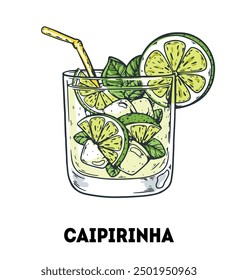 Caipirinha cocktail illustration. Hand drawn sketch. Vector illustration. Isolated object.