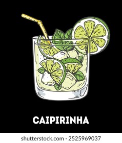 Ilustração do coquetel de Caipirinha. Esboço desenhado à mão. Ilustração vetorial. Objeto isolado.