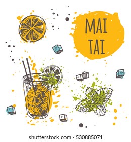 Cóctel de caipirinha sobre el salpicón de acuarela. Ilustración vectorial dibujada a mano. Se puede utilizar para menú, bar, cafetería, restaurante, afiche, pancarta, pegatina, pancarta y otros.