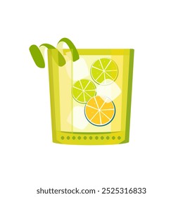 Caipirinha cocktail. Refreshing cocktail with lime, ice cubes . Classic bar alcoholic drink .Vector illustration.