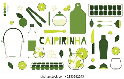 Caipirinha - cocktail set. Icon set of vector flat colored illustrations. Happy hour collection. Lime color palette. Simple and minimal vector. Isolated elements.