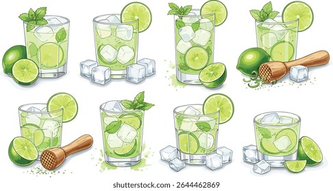 Caipirinha cocktail variations with lime slices, crushed ice and wooden muddlers. Watercolor illustration collection isolated on white background. Classic Brazilian drink.