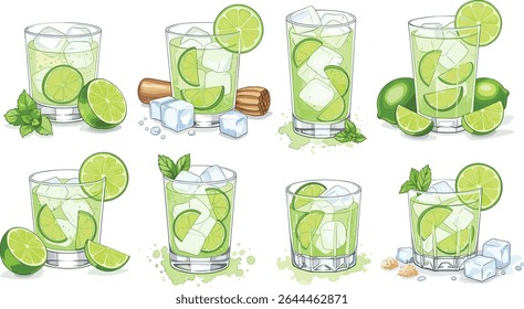 Caipirinha cocktail variations with lime slices, crushed ice and wooden muddlers. Watercolor illustration collection isolated on white background. Classic Brazilian drink.
