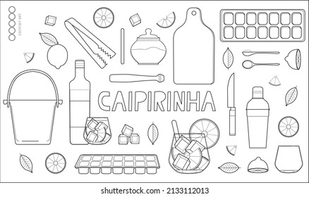 Caipirinha - Cocktail vector illustration set, minimal line work, white background, cocktails set collection