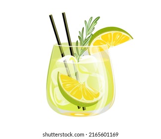 Caipirinha cocktail.Summer refreshing cocktail with lime, ice cubes and rosemary.Classic bar alcoholic drink in a glass with a straw.