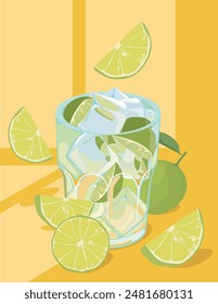 Caipirinha drink Illustration. Brasilian cocktail vector. Fresh summer drink.