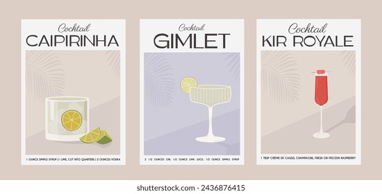 Caipirinha, Gimlet y Kir Royale Cóctel. Receta clásica de bebidas alcohólicas. Conjunto de estampado gráfico moderno en colores apagados. Aperitivo. Cartel minimalista con bebida decorativa. Ilustración vectorial.