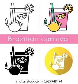 Caipirinha icons set. Linear, black and RGB color styles. Brazilian cocktail. Alcoholic beverage with lemon. Traditional drink. All-day cocktail. National potation. Isolated vector illustrations