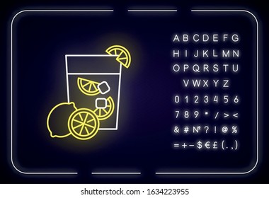 Caipirinha neon light icon. Brazilian cocktail. Alcoholic beverage with lemon and sugar. Traditional drink. Outer glowing effect. Sign with alphabet, symbols. Vector isolated RGB color illustration