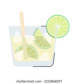 Caipirinha summer sweety cocktail isolated on white. Popular brazilian alcoholic drink with lime and ice cubes. Cold and fresh beverage with sugar and citrus fruit. Mojito flat vector illustration