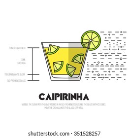 Caipirinha - Thin Flat Line Style Cocktail Recipe. Simple instructions on how to prepare the popular drink. Suitable for wall of your bar or on the web. 