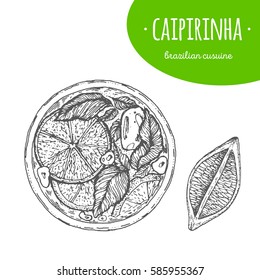 Caipirinha top view vector illustration. Brazilian cuisine. Linear graphic.