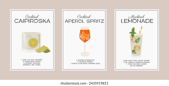 Caipiroska, Aperol Spritz Cocktail and Lemonade Mocktail. Classic alcohol beverage recipe with ingredient. Modern trendy graphic print. Minimalist simple poster set. Vector illustration.