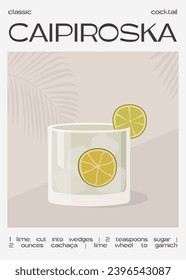 Caipiroska Cocktail garnished with slice of lime. Summer aperitif trendy poster. Minimalist print with alcoholic beverage on background with palm shadow. Vector flat illustration.