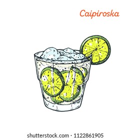 Caipiroska cocktail illustration. Alcoholic cocktails hand drawn vector illustration.