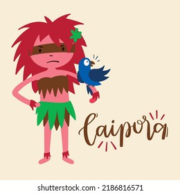 Caipora. bush inhabitant.  Fantastic Creature of Brazilian Folklore. Brazilian Portuguese Hand Lettering Calligraphy. Vector. Brazilian legends and tales.