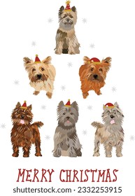 Cairn Terrier dogs wearing winter hats. Cute funny dogs. Abstract Christmas tree. Vector illustration. Merry Christmas greeting card with the cute funny sitting and standing dogs, holiday, purebred.