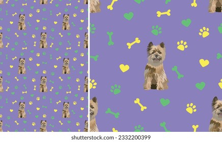 Cairn Terrier on a playful violet background with bones, hearts, paws. Funky, colorful vibe, vibrant palette. Simple, clean, modern texture. Summer seamless pattern with pets and dogs attributes icons