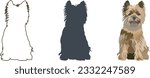 Cairn Terrier silhouette, outlined graphic. Sitting pose dog. Cute dog characters, design for print, cute cartoon vector set. One color design. Art, hand-drawn style.  Mixed-breed dog, hand-drawn.