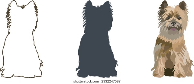 La silueta de Cairn Terrier, delineó la gráfica. Sentado a un perro. Personajes de perro, diseño para impresión, juego de vectores de dibujos animados adorables. Un diseño de color. Arte, estilo dibujado a mano.  Perro de raza mixta, dibujado a mano.