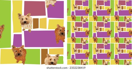 Cairn Terrier summer bright wallpaper. Holiday abstract shapes square seamless mosaic, repeatable pattern. Birthday wallpaper, Christmas present, print tiles. Simple Violet puzzle with dogs, pets.