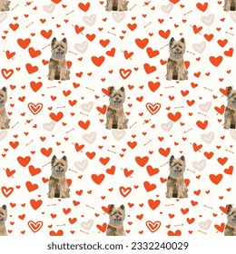 Cairn Terrier Valentine's day bright heart wallpaper. Love doodles hearts holiday square background, repeatable pattern. St Valentine's day wallpaper, Valentine's present, print tiles. Red pastel.
