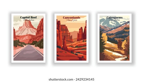 Cairngorms, National Park. Canyonlands, National Park. Capitol Reef, National Park - Vintage travel poster. Vector illustration. High quality prints