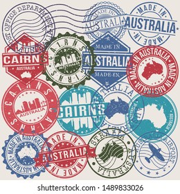 Cairns Australia Set of Stamps. Travel Stamp. Made In Product. Design Seals Old Style Insignia.