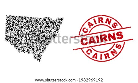 Cairns rubber seal stamp, and New South Wales map collage of airliner items. Collage New South Wales map designed with airliners. Red seal with Cairns text, and corroded rubber texture.