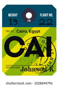 Cairo airport luggage tag. Realistic looking tag with stamp and information written by hand. Design element for creative professionals.