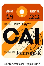 Cairo airport luggage tag. Realistic looking tag with stamp and information written by hand. Design element for creative professionals.