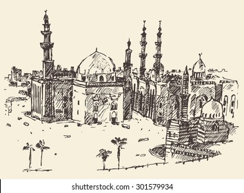 Cairo, Big City Architecture, Vintage Engraved Illustration, Hand Drawn, Sketch