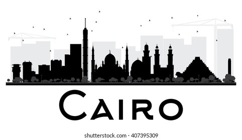Cairo City skyline black and white silhouette. Vector illustration. Simple flat concept for tourism presentation, banner, placard or web site. Business travel concept. Cityscape with landmarks