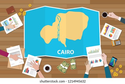 cairo egypt capital city region economy growth with team discuss on fold maps view from top vector illustration