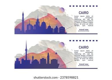 Banner-Paket mit abstrakten Formen von Skyline, Stadtlandschaft, Sehenswürdigkeiten und Attraktionen in Kairo Ägypten. Afrikanisches Region Reise-Vektorgrafik-Set für Broschüre, Website, Seite, Kopfzeile