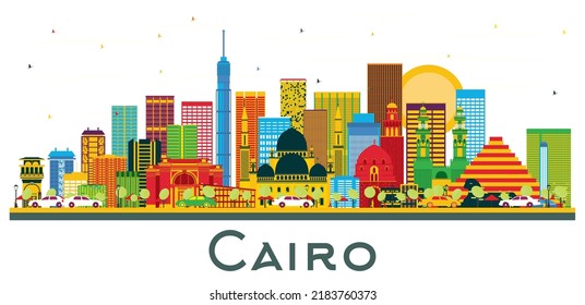 Cairo Egypt City Skyline with Color Buildings and Blue Sky Isolated on White. Vector Illustration. Business Travel and Tourism Concept with Historic Buildings. Cairo Cityscape with landmarks.