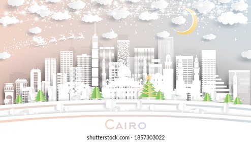 Cairo Egypt City Skyline in Paper Cut Style with Snowflakes, Moon and Neon Garland. Vector Illustration. Christmas and New Year Concept. Santa Claus on Sleigh.