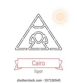 Cairo (Egypt) flat style thin line icon with an inscription on a ribbon banner with the sun in the background. Cairo logo, landmark, vector symbol. Great Pyramid of Giza and Sphinx pictogram.