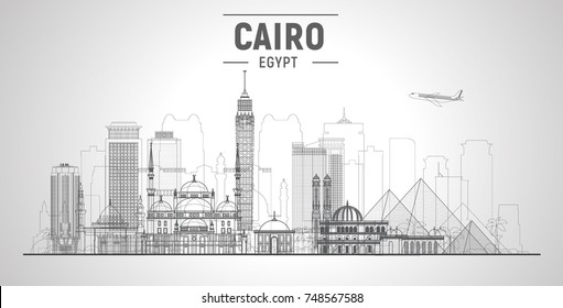 Cairo (Egypt) line skyline on a white background. Flat vector illustration. Business travel and tourism concept with modern buildings. Image for banner or web site.