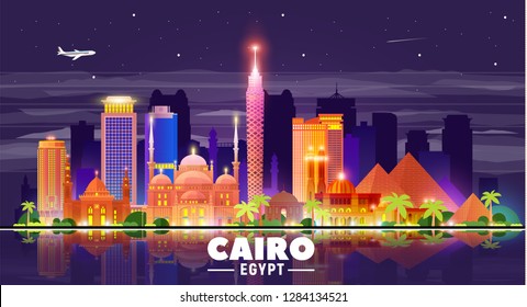 Kairo (Ägypten) Nachtskyline auf Himmelshintergrund. Flache Vektorgrafik. Business Reise und Tourismus Konzept mit modernen Gebäuden. Bild für Banner oder Website.